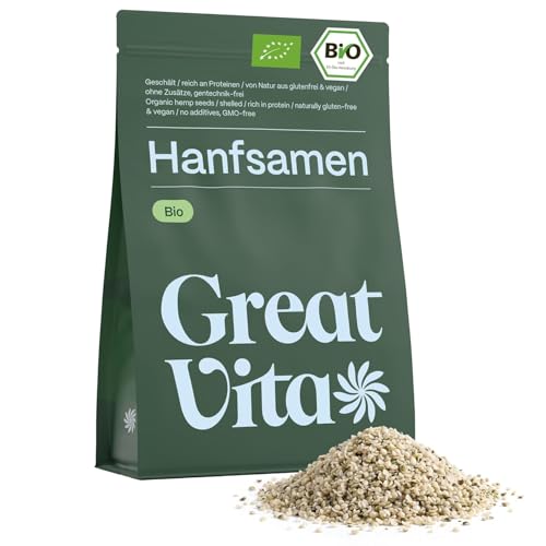 GreatVita Bio Hanfsamen geschält 1 kg | DE-Öko-037 reich an Proteinen Omega-Fettsäuren & Vitaminen | Glutenfrei & in Rohkostqualität