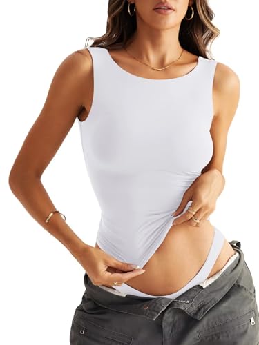 Women Sleeveless Boat Neck Tops Double Lined Backless Tank Tops Basic Fitted T Shirts 2025