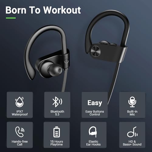 Image of Bluetooth Headphones, Bluetooth 5.3 IPX7 Waterproof Wireless Sports Earbuds for Workout Gym, 16 Hrs Playtime Running Headphones with Noise Cancelling Mic, HiFi Bass Stereo in-Ear Earphones
