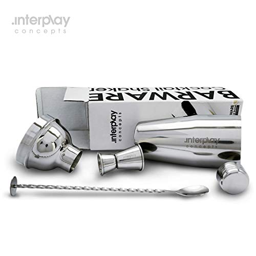 Interplay Concepts 25oz Cocktail Shaker - Large Drink Shaker for Perfect Drinks - Stainless Steel Martini Shaker with Built in Strainer, Jigger & Spoon - Professional Cocktail Shaker Set for Mixing