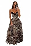 Wchecalino Strapless Tiered Leopard Print Prom Dresses Long 2026 Corset Ruffle Formal Evening Gown with Slit Brown 0