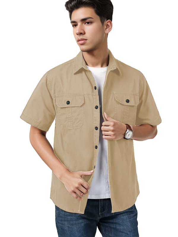 Image of SHIENZY Men's Regular Fit Solid Printed Cotton Casual Shirt || Half Sleeve, Double Pocket || Denim Jacket Style Fashionable Western Outfit