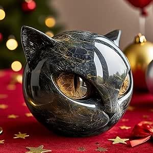 CelestiMingle Luxury Black Cat Ornament, Halloween Black Stone Sculpture for Cat Lovers, Hand-Carved Crystals and Healing Stones Carved for Home Desk Decor, Good Luck Gifts for Christmas (A)