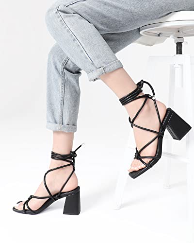 Image of Shoe'N Tale Lace Up Heels for Women Ankle Strappy Gladiator High Heeled Sandals Chunky Block Heel Square Open Toe Criss Cross Dress Shoes