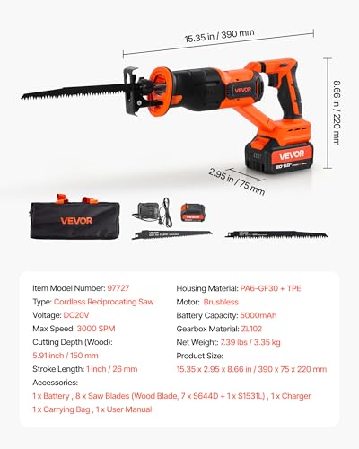 Image of VEVOR 20V Brushless Reciprocating Saw, Cordless Reciprocating Saw with Battery, 3000 SPM Variable Speed, 1 inch Stroke Length Charger, 8 Blades, and Carrying Bag, for Wood, Metal and Plastic Cutting