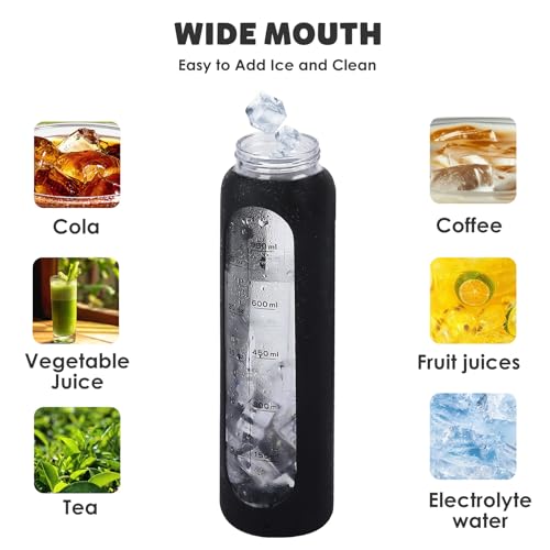 GIEMIT Glass Water Bottles 32oz with Silicone Sleeve Drinking Hydration Bottles Reusable Borosilicate Wide Mouth Motivational Water Flask Canteen with Time Marker Spout Lid and Brush