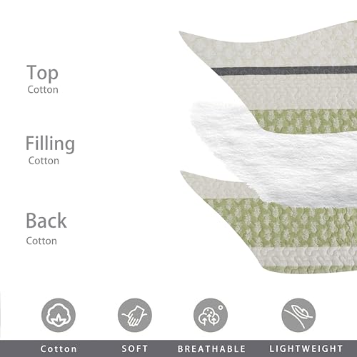 Image of Homzard King Size Quilt,Cotton King Size Bedding Comforter Set,Sage Green Beige Grey Bedspread Set,Striped Bed Set Coverlet Lightweight Farmhouse Home Decor 3 Piece