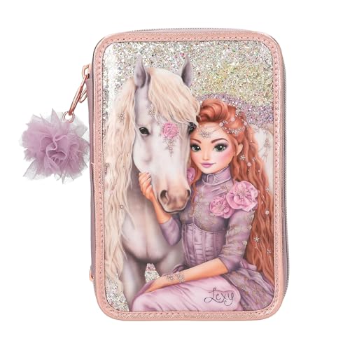 Depesche 13292 TOPModel Viva Violet - Gefüllte 3-Fach Federtasche in Lila mit Model Motiv Pferd und Glitzer Federmappe mit Buntstiften Lineal Schere uvm.