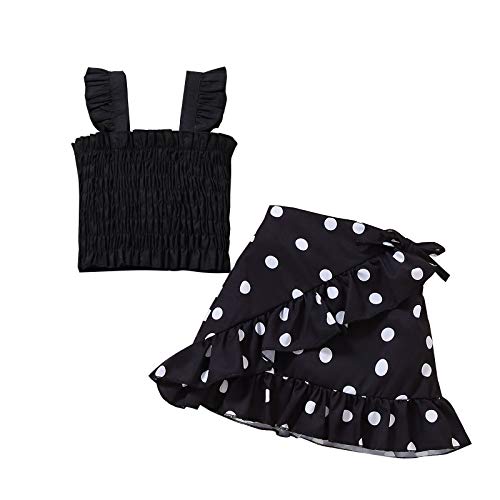 Toddler Baby Girl Sleeveless Elastic Ruffle Tube Tops Floral Polka Dot Zebra Skirts Summer 2Pcs Outfits Dress (Black,4-5T,) #TOP25