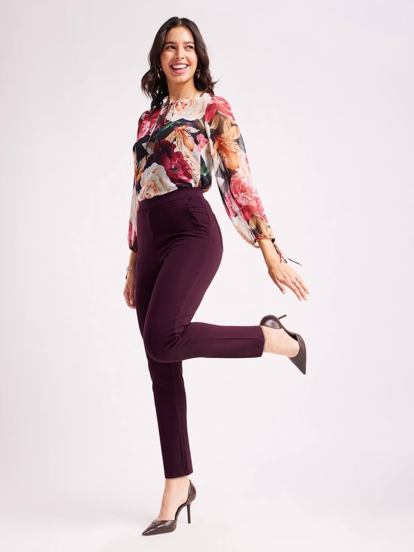Image of FableStreet Women's Livin Air Stretch Striaght Pants /Trouser | Viscose Rayon with High-Rise Waist | Solid Pattern & Plain Weave Fabric | Office Wear & Business Meetings