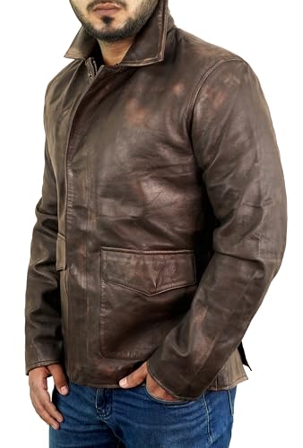 Image of Brown Leather Jacket Men - Vintage Collar Distressed Style Mens Leather Motorcycle Jacket