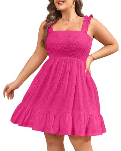 Image of Talisea Women's Plus Size Summer Dresses - Casual Eyelet Square Neck Sleeveless Smocked Ruffle A-Line Cute Short Sundress