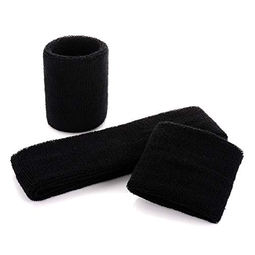 Image of ONUPGO Black Sweatband Set Cotton Headband Wristband Set Sweatbands Terry Cloth Wristband Wrist Sweatband Headbands Moisture Wicking Sweat Absorbing Head Band
