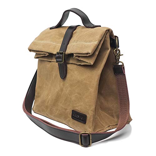Insulated Waxed Canvas Lunch Bag (Brown), Adjustable Shoulder Strap and Handle, Water Resistant