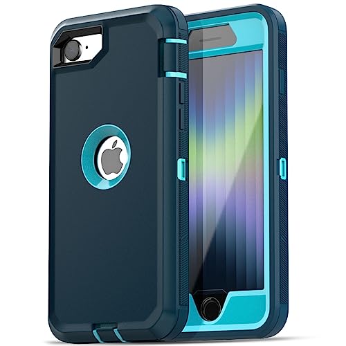 Image of AICase for iPhone SE Case 3rd & 2nd Generation, for iPhone SE 2022 /2020 Built-in Screen Protector Heavy Duty Protective Shockproof 3-Layer Full Body Rugged Phone Cover, Blue /Turquoise