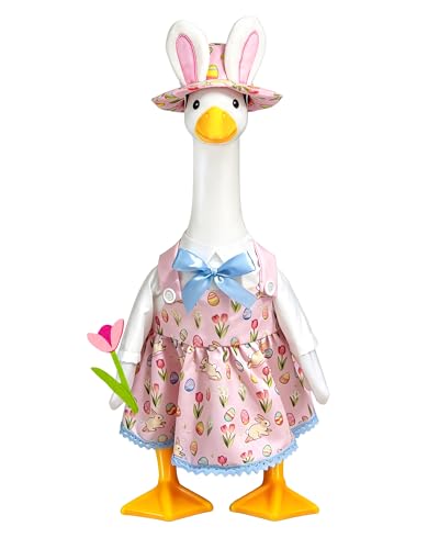 Porch Goose Easter Outfits with Bunny Hat for 23 inch Goose Statue Easter Porch Goose Outfits Pink Spring Porch Goose Clothes Goose Costume for Outdoor Yard Balcony Party Garden Lawn Decorations