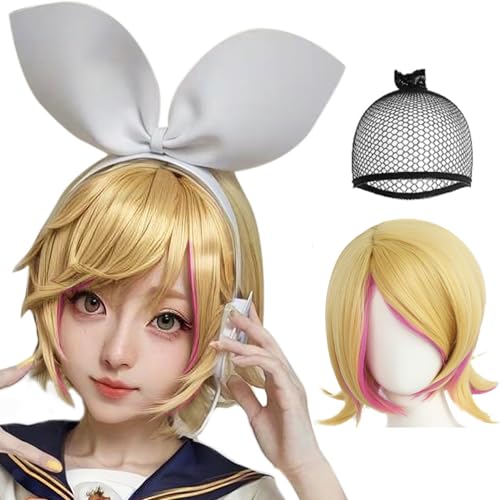 IMEYLE Short Yellow Blonde Wavy Wigs with Pink Highlighted Bangs Blonde Anime Hair for Women Cosplay Wigs Halloween Cosplay Costume Party Outfit for Christmas +Wig cap ﻿