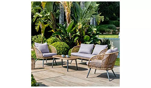Image of DEVOKO 4 Seater Sofa Outdoor Indoor Conversation Patio Garden Rope Furniture Set with Cushion and Center Table Wooden Top for Garden, Bacony, Poolside (Beige & Grey)
