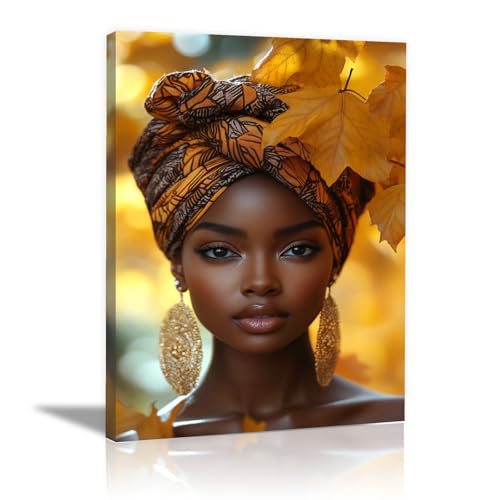 Tableau decoration murale salon en toile femme africaine 30x45cm jaune encadré