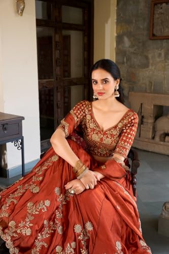 Image of JIHU CULTURE Women's Orange Sequence Embroidery Work Silk Semi-Sttiched Lehenga Choli-JH290ORG