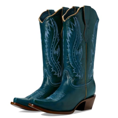 Women Vintage Embroidered Cowboy Boots Knee High Western Boots Chunky Stacked Heel Pointed Square Toe Mid Calf Cowgirl Boots Metallic Matte Pull On V Cut Fall Boot Exotic 4-11 M US