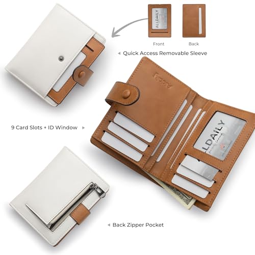 Alldaily Small RFID Blocking Leather Wallet for Women, Bifold with 10 Card Slots and Zipper Pocket (White&Brown)2