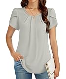Funlingo Women's Chiffon Blouses Dressy Casual 2025 Trendy Short Sleeve Tunic Tops Spring Business Formal Crewneck Office Dress Shirts Grey XL