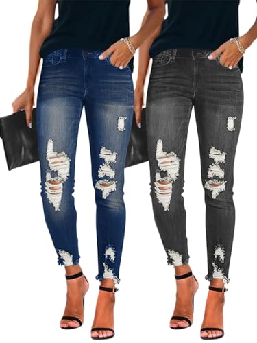 Women's Jeans Butt Lift Comfy Stretchy Ripped Skinny Mid Waist Destroyed Denim Pants (Pack of 2)