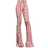 ShopMyTrend SMT Women's High Waist Wide Leg Long Bell Bottom Yoga Pants Medium Flower Paisley Peach Brown