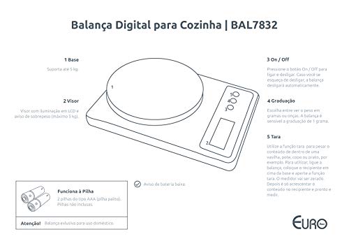 Balança digital para Cozinha, 5 Kg, Branco, BAL7832, Euro Home