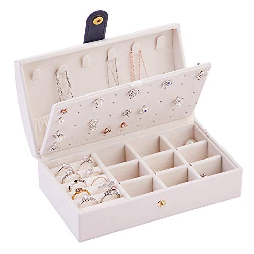 Fullgaden Jewelry Box,Necklace Ring Storage Organizer Double Layer Travel Synthetic Leather Jewel Cabinet Gift Case for Women, White