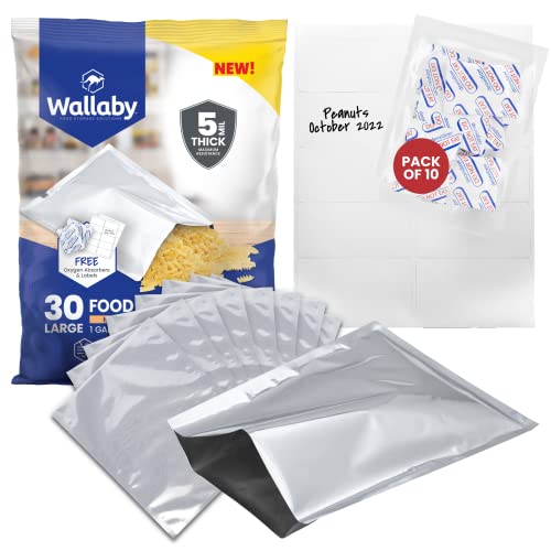 Wallaby 1-Gallon Mylar Bag Bundle - 30x (5 Mil - 10" x 14") Mylar Bags, 30x 400cc Oxygen Absorbers, 30x Labels - Heat Sealable, Food Safe, & Reliable Long Term-Food Storage Solutions - Silver