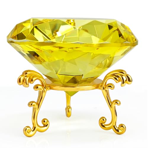 Presse-papier en cristal d'exception jaune avec son support de présentation raffiné