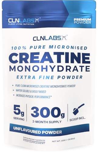 Creatine Monohydrate Powder - 300g (60 x 5g Servings) | 200 Mesh Fine Grade Powder Pure & Mixes Easily | Includes Scoop | Unflavoured | Made in The UK By CLN Labs