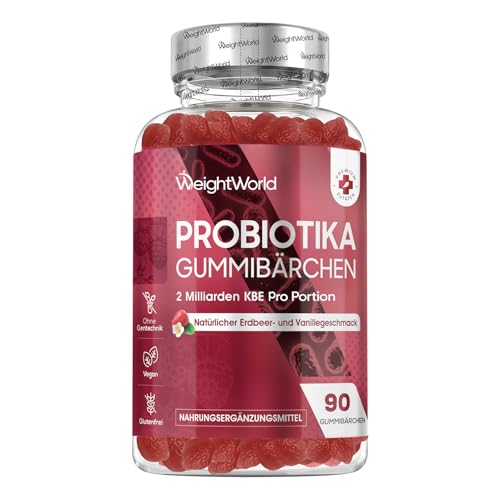 Probiotika Gummibärchen mit Inulin - 90 vegane Gummies mit Bacillus Coagulans - 2 Milliarden KBE pro Portion - Natürlicher Erdbeeren- & Vanillegeschmack - Frei von Magnesiumstearat - WeightWorld