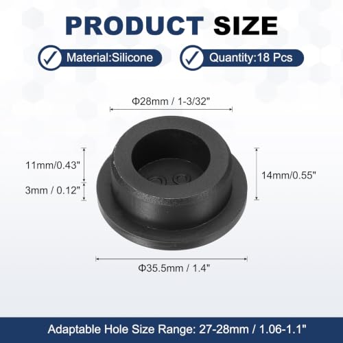 Image of MECCANIXITY 18pcs T-Shaped Silicone Plugs 28mm 1-3 /32 Inch Dia Snap in Plug Hole Seal Cover Round Rubber Stopper for 27-28mm Holes Kitchen Rubber Bulkheads Waterproof Sealing, Black