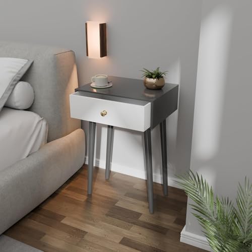 Image of Device Bas with Brown Art Shoppe Nightstands End Side Table with Drawer and Solid Wood Legs, CBedside Table for Bedrooms, Century Modern Drawer Storage Cabinet for Living Room Furniture (Grey &White)