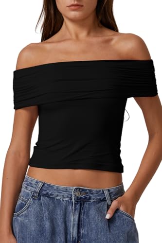 QINSEN Womens Off The Shoulder Tops Double Lined Short Sleeve T Shirts Slim Fitted Stretchy Crop Top