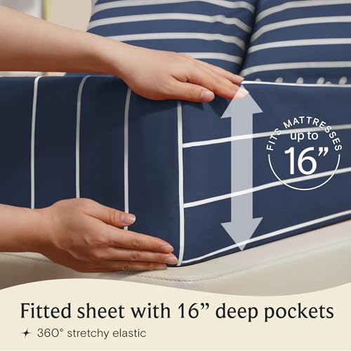 Image of LuxClub 4 PC Cal King Size Sheet Set, Breathable Luxury Bed Sheets, Deep Pockets 18 inch Wrinkle Free Cooling Machine Washable Hotel Bedding (Striped Navy)