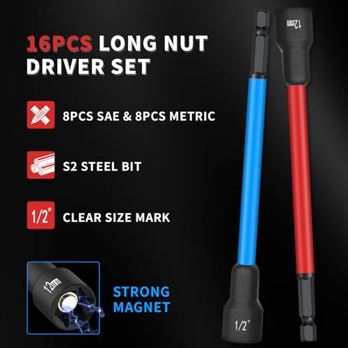 XOOL Conjunto de chave de porca magnética longa de 16 peças, conjunto de chave de porca SAE e métric