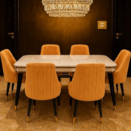 Image of WOODEN SPACE 6-Seater Wooden Dining Table Set | Nano Composite Marble Top | Solid Wood Base | Modern Dining Room Furniture with 6 Chairs (Mustard Infinity Backline)