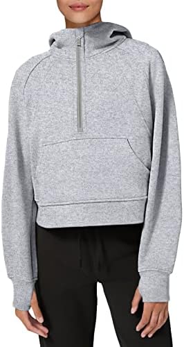 LASLULU Womens Fuzzy Cropped Hoodies Sport Athletic Zip Up Hoodie Stand Collar Sweater Fleece Lined Sweatshirt Long Sleeve Pullover Tops Pockets(Light Grey Small)