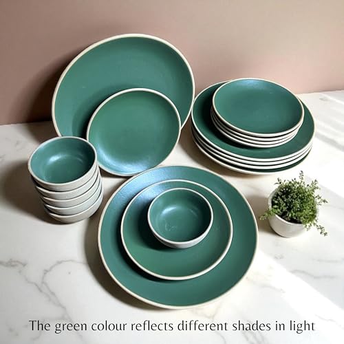 Image of Hand Painted Ceramic Dinnerware Set - 18 Pieces | 6 Dinner Plates, 6 Small Plates, 6 Katori Bowls | Earthy Green | Microwave & Dishwasher Safe | Perfect for Home & Gifting