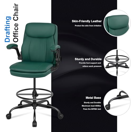 Image of Misolant Drafting Chair, Tall Office Chair for Standing Desk, High Leather Executive Office Chair with Adjustable Height and Flip-up Armrest for Counter Height Desk Green