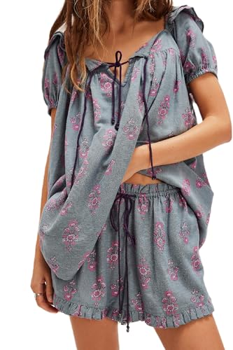 Image of ROAONOCOMO Women Floral Pajama Set Ruffle Puff Sleeve Peplum Shirt Coquette Pj Set Bow Babydoll 2 Piece Shorts Outfit
