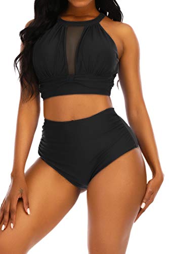 Adisputent Womens High Waisted Bikini Mesh Halter Top Sexy Plunge Backless High Neck Swimwear Two Piece Bathing Suits