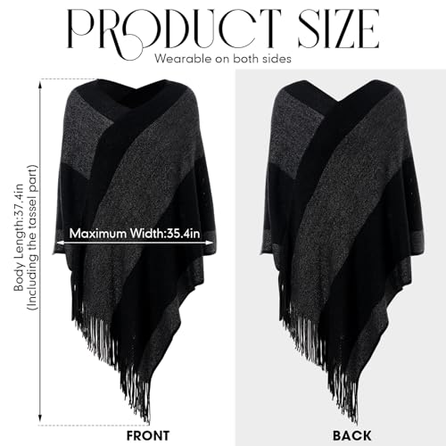 Women's Striped Poncho Tops with Fringe, Soft Knitted Shawl Wraps Elegant Sweater Open Front for Fall Winter2