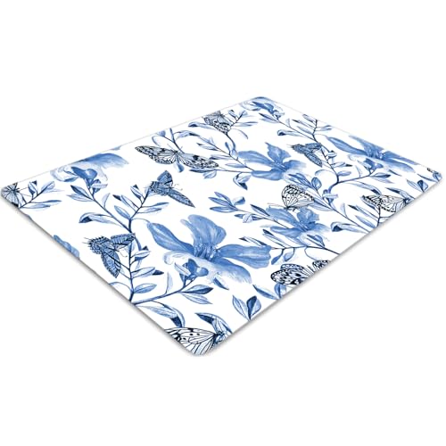 Protège-sol bureau rectangulaire tapis de chaise fleurs bleues PVC