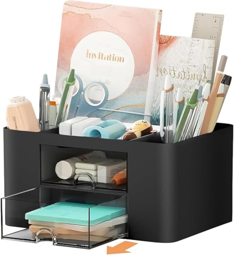 Image of ROKTRY Black Desk Organizer with Drawers - Neat Stationery Storage - Ideal for Teachers, Students - Great Gift - Office, School, Home Organization.