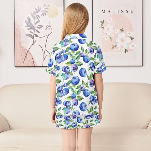 Blueberry Pattern Summer Satin Pajama Set, Cute Button-Down Sleepwear Pj Set for Sleep Wears4